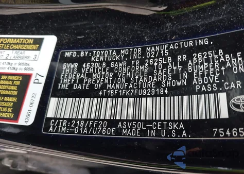 2015 Toyota Camry Se from USA, damaged, VIN 4T1BF1FK7FU929184